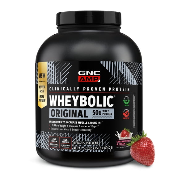 GNC AMP Wheybolic Clinically Proven Protein Powder, 50g Whey Protein, BCAA, Leucine, Increases Muscle Strength, Muscle Building, 3rd Party Tested, Gluten Free, Strawberries & Cream, 26 Servings