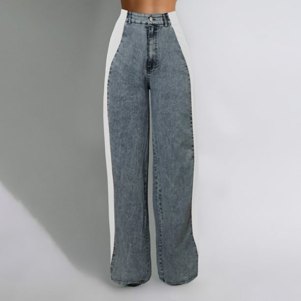WILLBEST Pantalones Casuales para Mujer, Vaqueros elegantes con Rayas de Patchwork, Cintura Alta, Corte Holgado, Vaqueros con Bloques de Color, Pantalones Rectos de Pierna Ancha Mediana