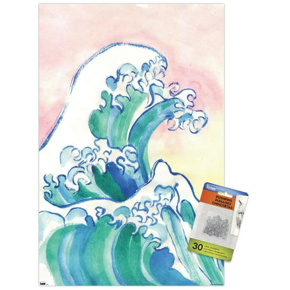 Watercolor Waves Wall Poster with Push Pins, 14.725" x 22.375"