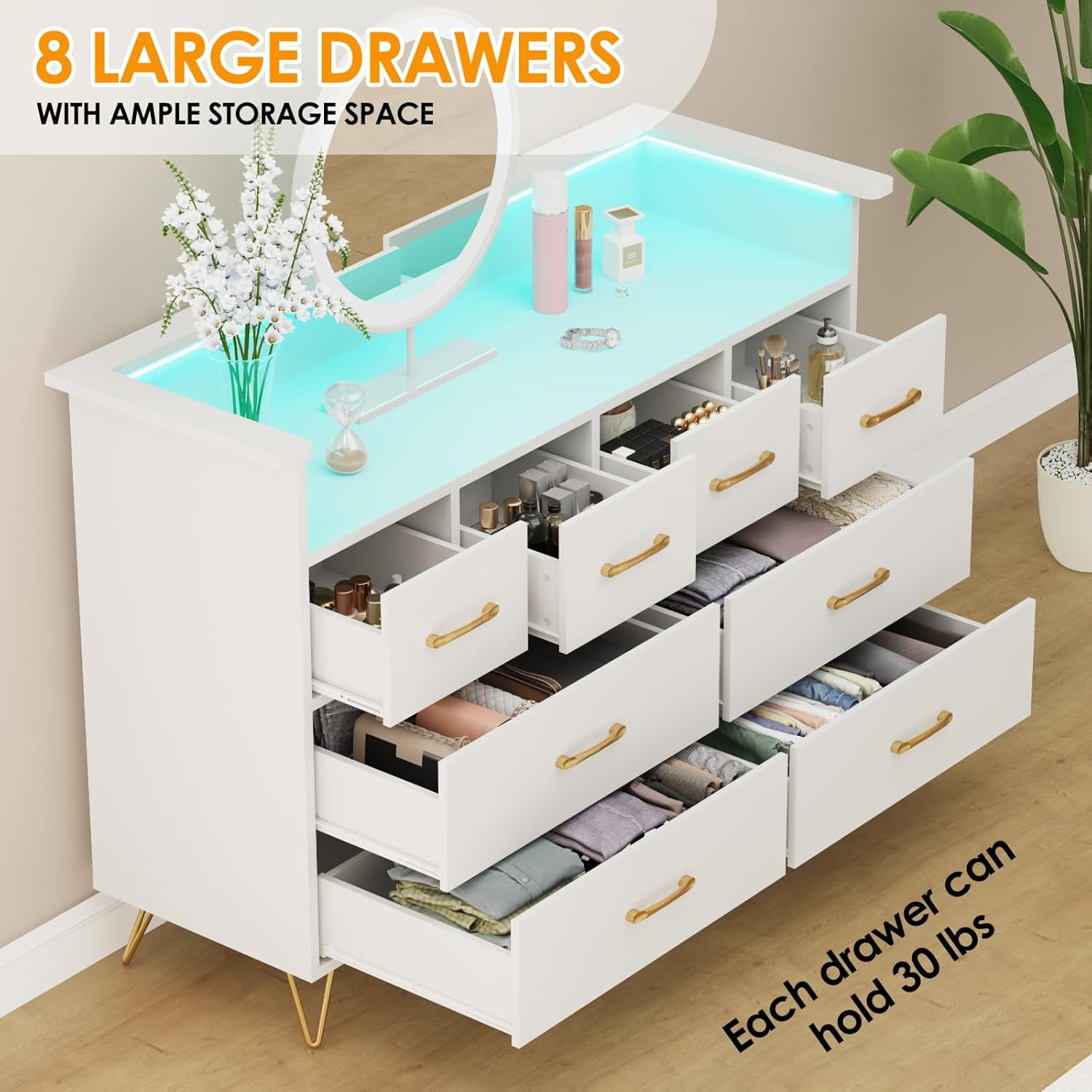 White Dresser for Bedroom with LED Light & Charging Station, 8 Drawers Wooden Dressers with Open Space, Modern Chest of Wide Drawers for Living Room, Entryway, Hallway