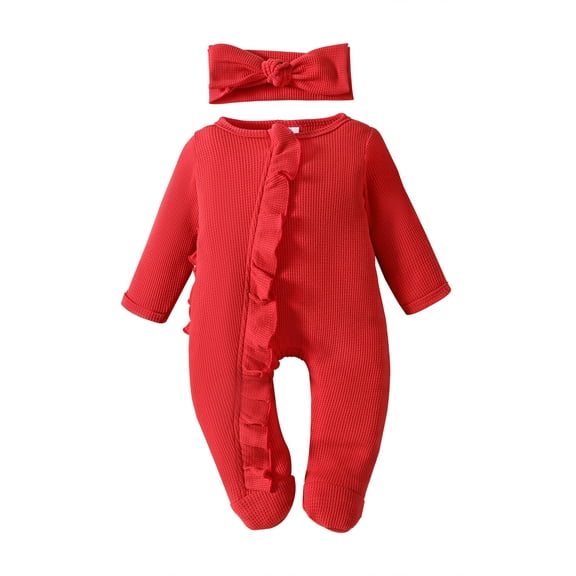 Suealasg Baby Girl 2Pcs Spring Outfits Long Sleeve Frills Zipped Footies Jumpsuit  Headband Set 3M 6M 12M Infant Newborn Girl Fall Clothes