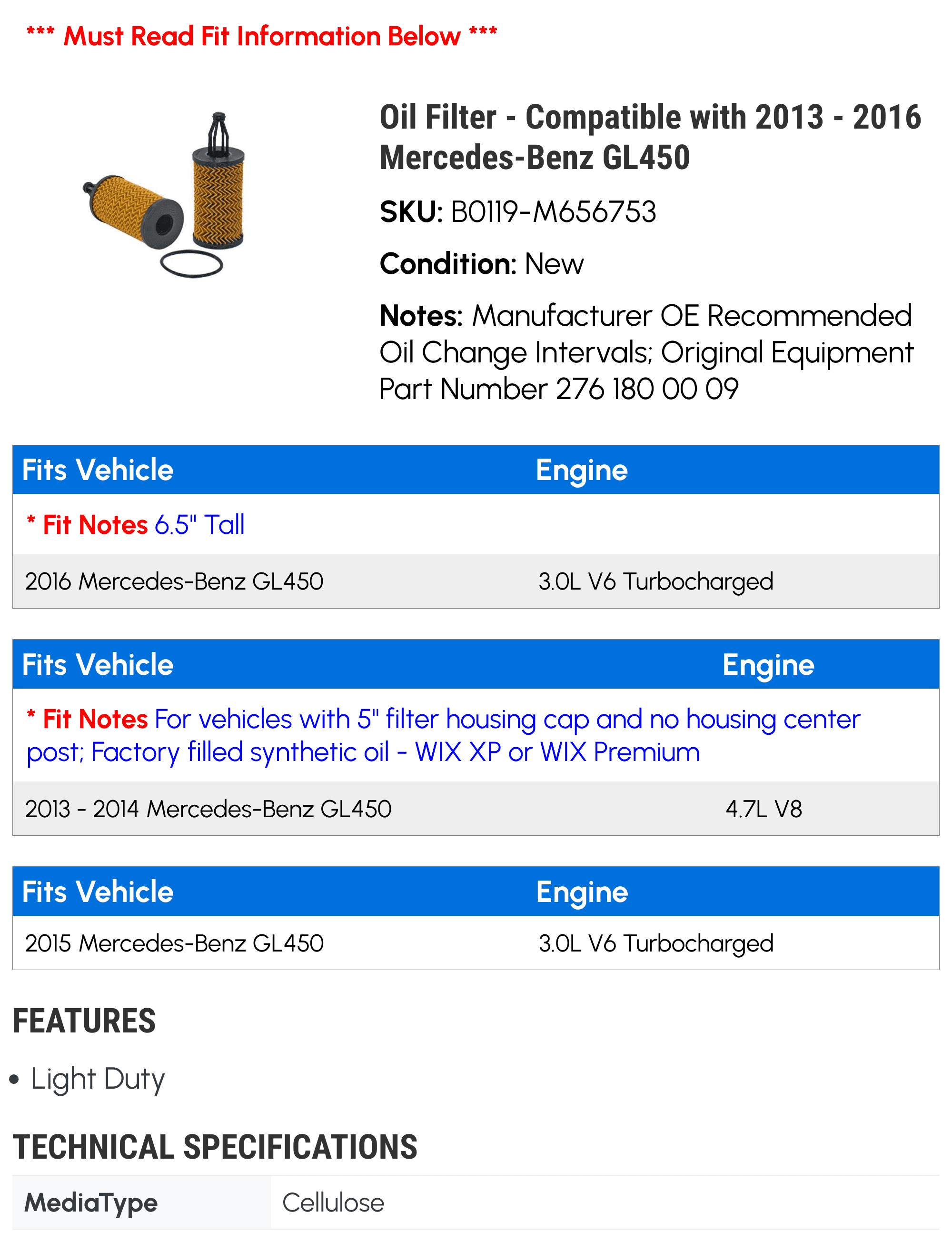 Oil Filter - Compatible with 2013 - 2016 Mercedes-Benz GL450 2014 2015