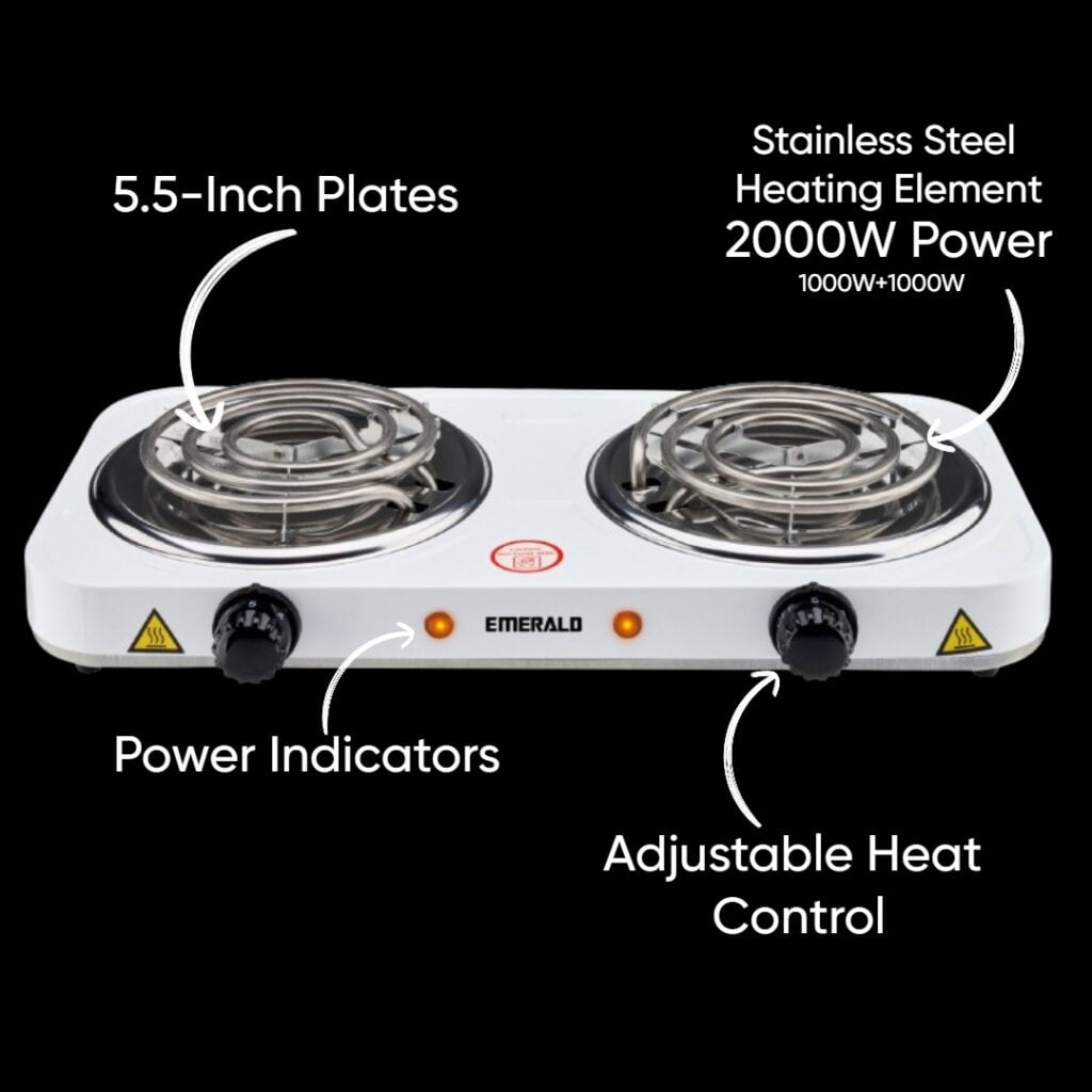 Emerald Compact & Portable, 2000W (2x1000W) Electric Double Burner 5.5" Coils Stovetop - White