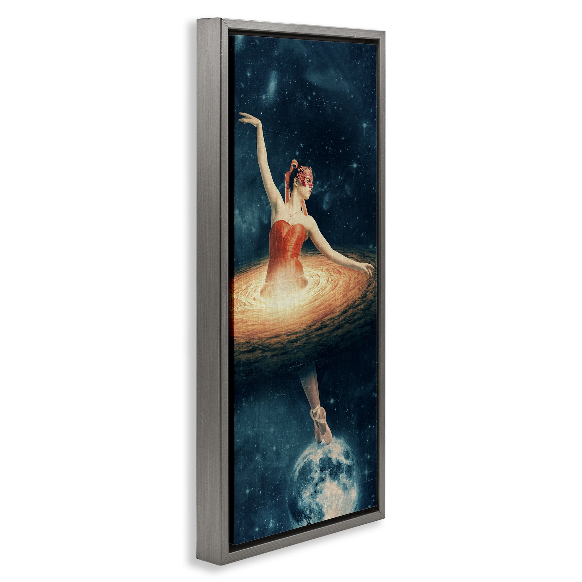 Stupell Industries Dancing Ballerina Surreal Nebula Dress Abstract Painting Gray Floater Framed Canvas Art Print Wall Art, 15 x 31