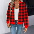 thumbnail image 2 of Trendy Bomber Jacket for Women Waffle-Textured Printed Full Zip Long Sleeve Hoodless Coat Casual Fall Clothes (XL, Red|Plaid), 2 of 5