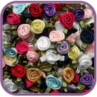 Mini Ribbon Roses, 100Pcs Artificial Fabric Flowers with Green Leaves Mixed  Color Rosettes Mini Ribbon Roses for Crafts Sewing DIY Craft Decoration