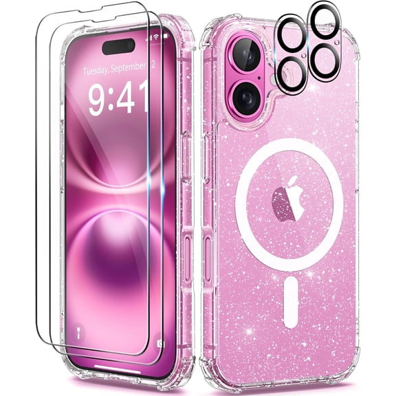 Entronix 5-in-1 Magnetic Glitter Clear Case Compatible with iPhone 16 with Camera and Screen Protector