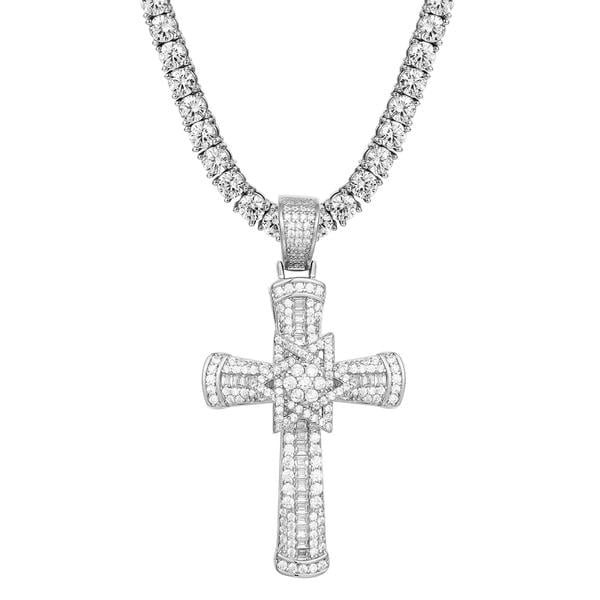 Cluster Tennis Cross Pendant Sterling Silver 14k Gold Finish Simulated Diamonds 