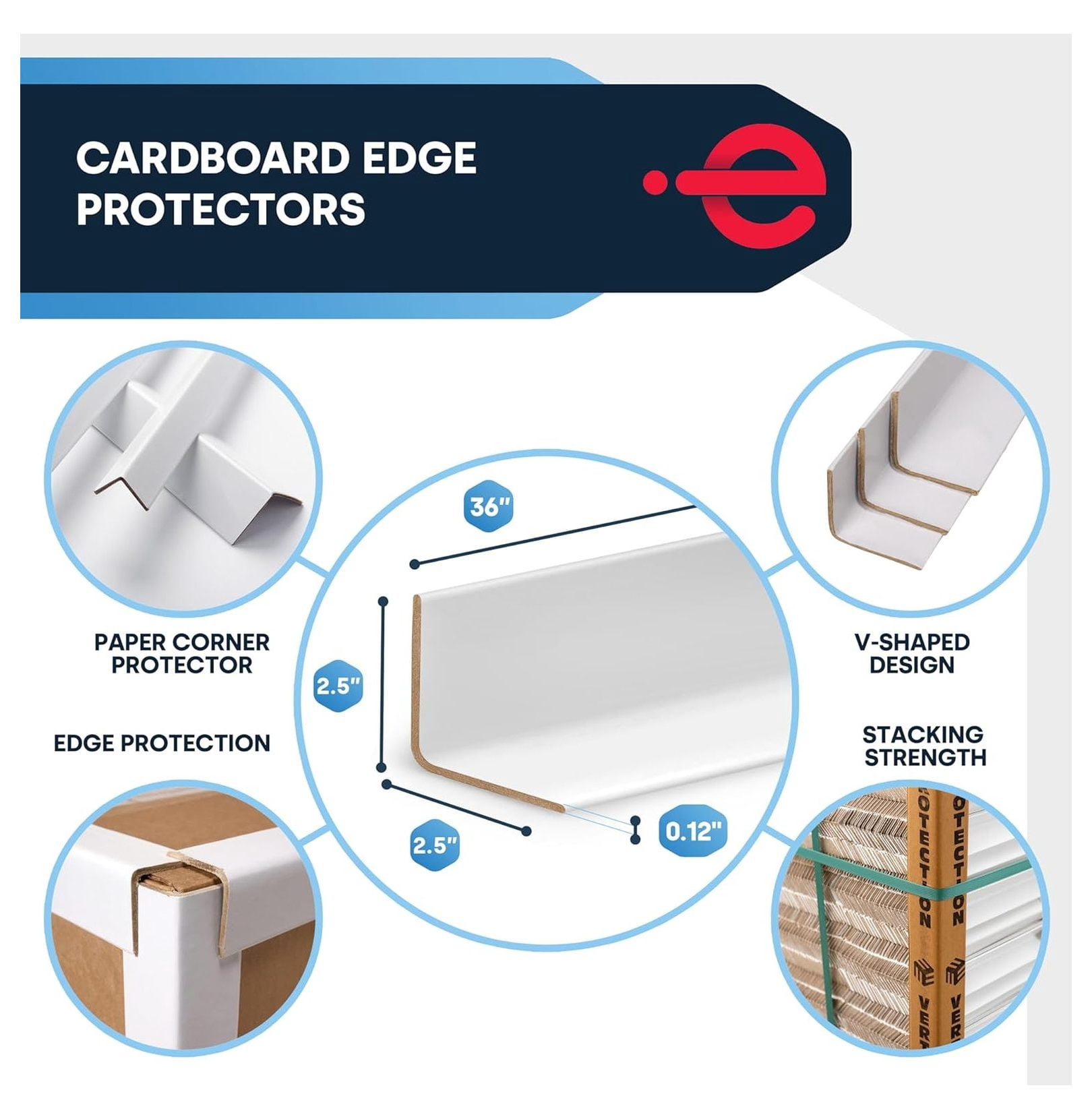 Cardboard Edge Protectors for Shipping - 2.5"W x 2.5"D x 36"L, Light Duty, Pallet Corner Protectors, Angle Boards, White, 45/Pack