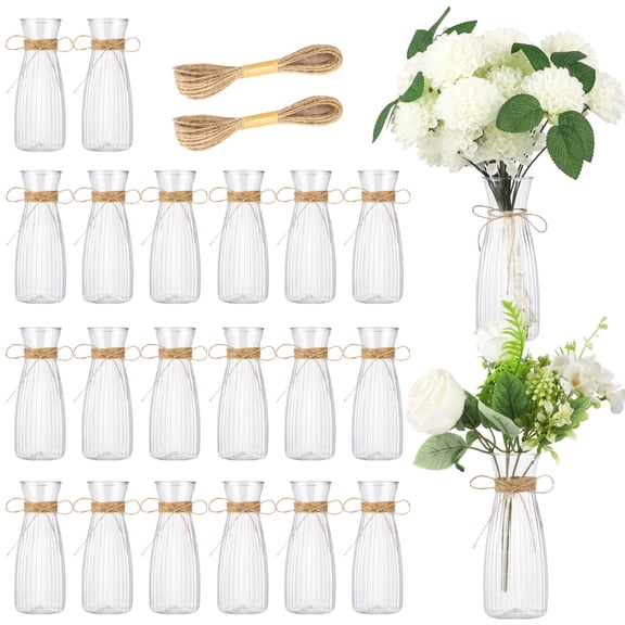 20 Pcs Transparent Plastic Flower Bud Vases Bulk with 3 Hemp Ropes, Small Flower Vases, Centerpieces Decorative Plastic Bottles for Home Wedding Dining Table Home Decoration