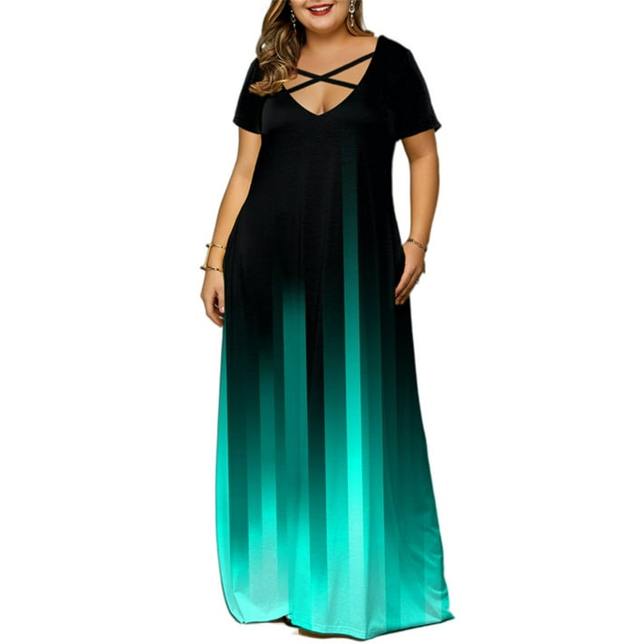JustVH Women Plus Size Maxi Dresses Gradient Print Short Sleeve Long ...