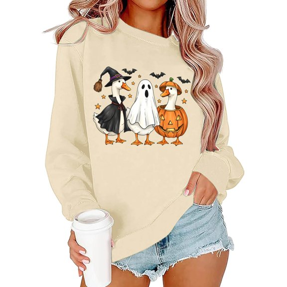 Gunia Halloween Ghost Sweatshirt Women Pumpkin Animal Print Pullover Hoodless Sweatshirt Long Sleeve Casual Crewneck Fall Tops Fashion Clothes Beige S-2Xl