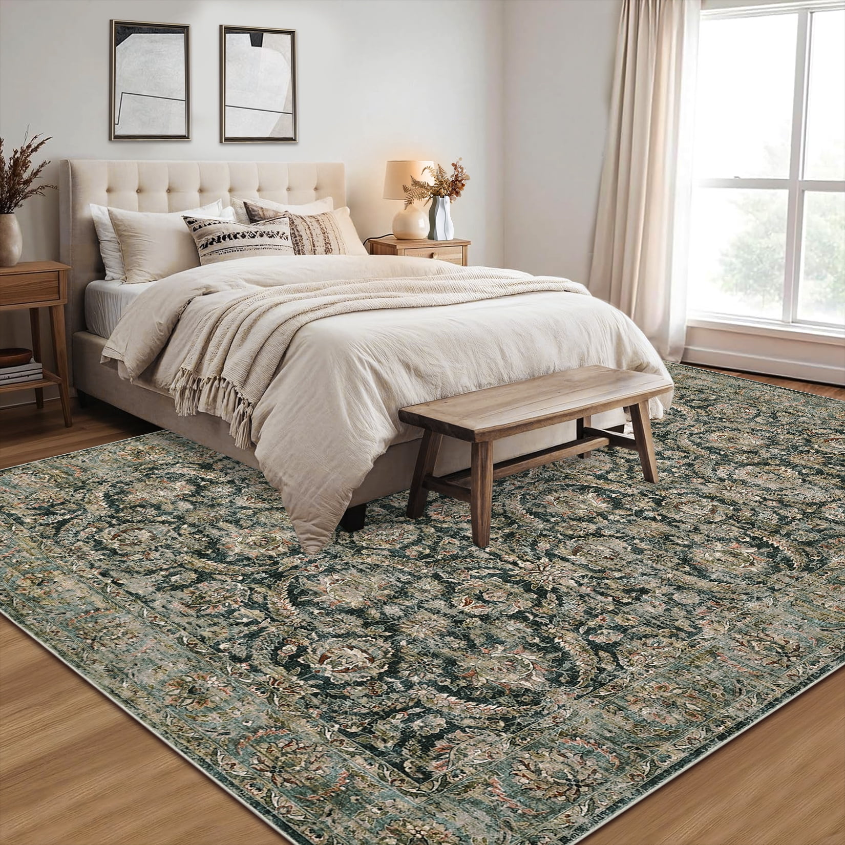 Garvee 5'x7' Vintage Area Rugs Washable Rugs, Non Slip Low Pile Rug Stain Resistant Contemporary Indoor Soft Carpet for Living Room Bedroom Dining Room, Black