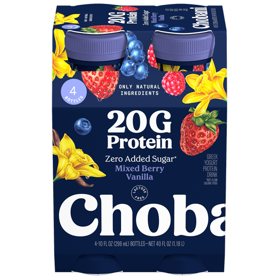 Chobani 20G Protein Low-Fat Greek Yogurt Drink Mixed Berry Vanilla 10 fl oz Bottle, 4 Pack