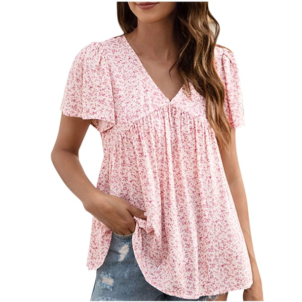 Blusas para Mujeres Casual, Impresión Floral Sólida de Gran Tamaño, Cuello de Manga Corta Blusa Superior