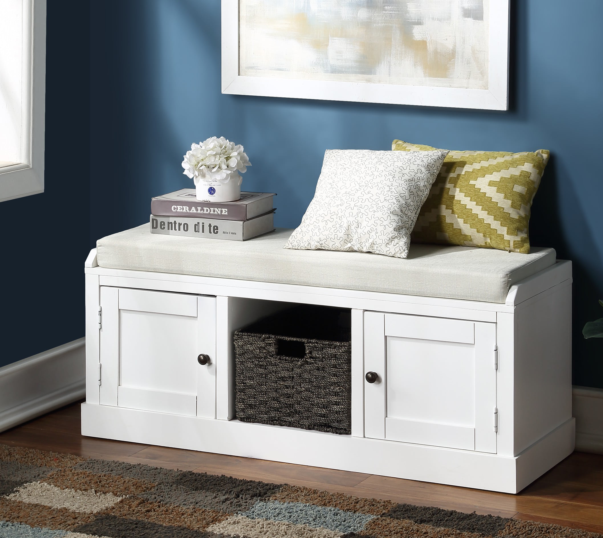 3 Storage Baskets and Cushion seat White White Cushioned Top White Storage Bench with Cushion Hallway Bench Seat 6 Pull-Out Storage Shoe Cabinet with 3 Drawers 