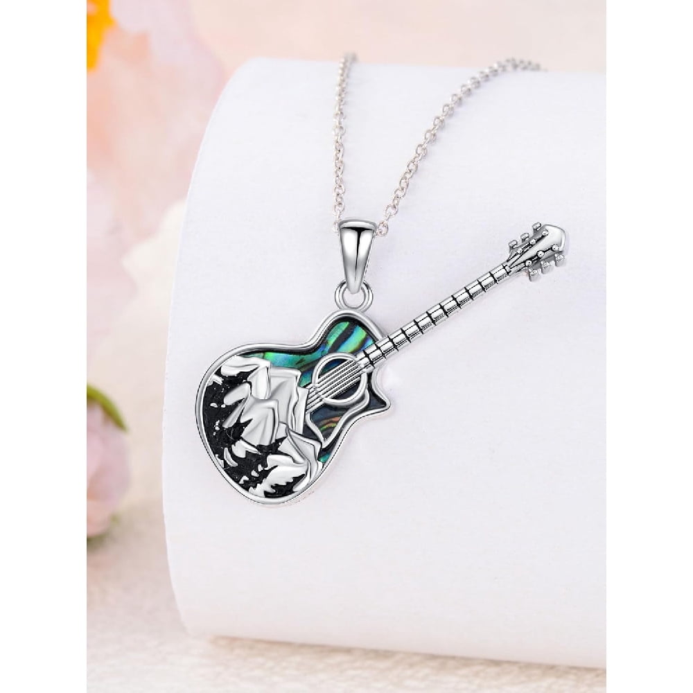 CACA LADY Guitar Necklace Mountain Necklace Sterling Silver Abalone Guitar Pendant Gifts for Guitar Holder Guitar with Music Note Pendant Jewelry Guitar Gift for Guitar Players Lovers Music Jewelry f