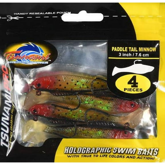 Tsunami Holographic Paddle Tail Minnow Fishing Lures – 3'', Sea Trout, 4-pack