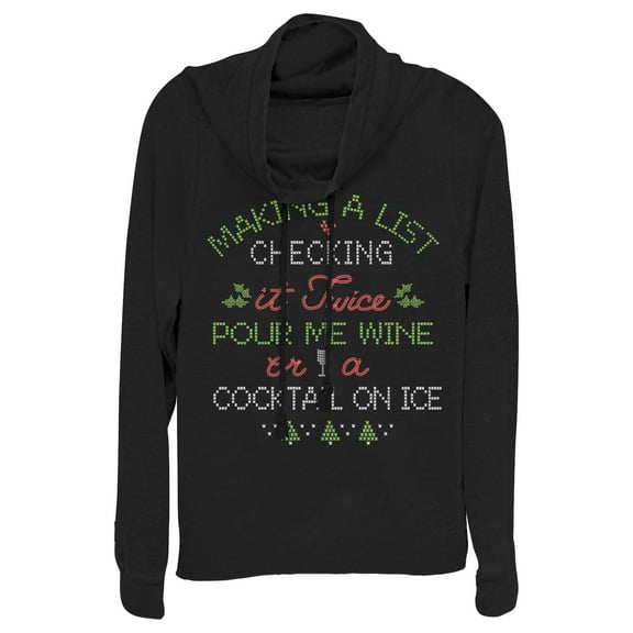 Junior's CHIN UP Christmas Wine or Cocktail Cowl Neck Sweatshirt Black 2X Large