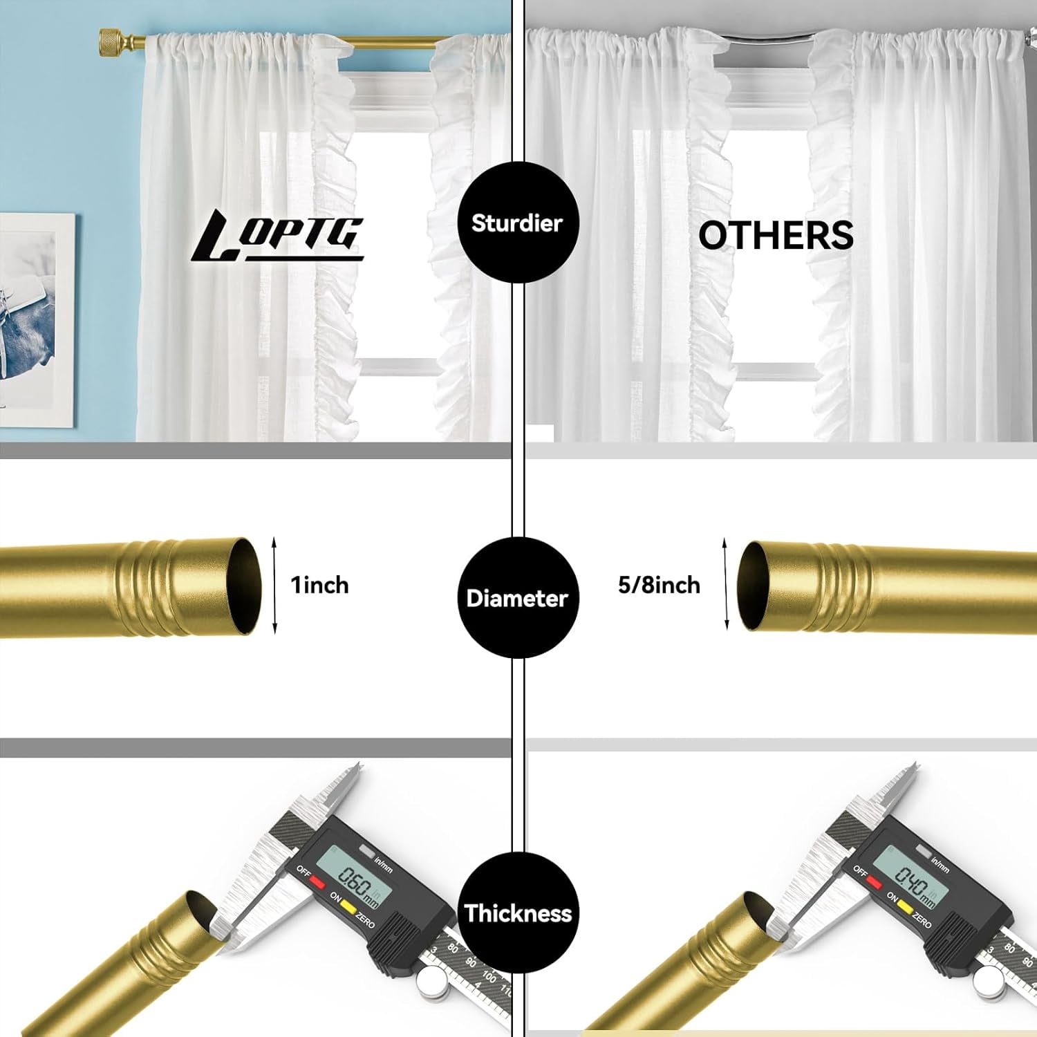 Curtain Rods for Windows 18 to 37 Inch, 1 Inch Diameter Modern Adjustable Decorative Drapery Rods, Window Curtain Rod with Dumbbell Design Finials, Black with Gold edge Finishing, Size:18"-45"