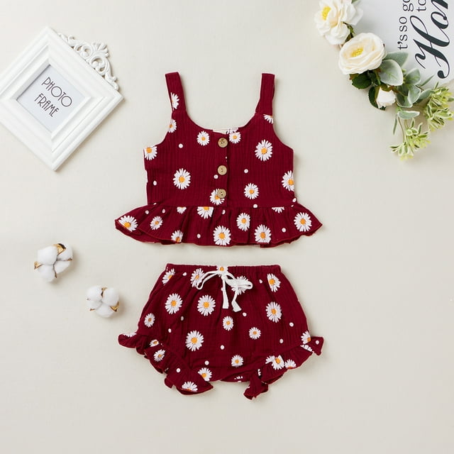 goowrom Girl?s Daisy Flower Printed Clothes Suit, Sleeveless Ruffled Hem Tank Tops with Triangle Shorts