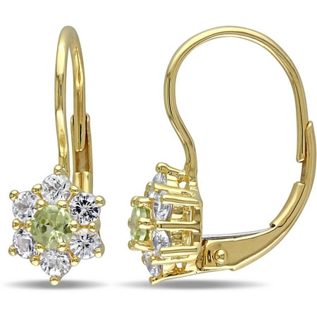 Tangelo 1 Carat T.G.W. Peridot and White Sapphire 10kt Yellow Gold Flower Halo Leverback Earrings