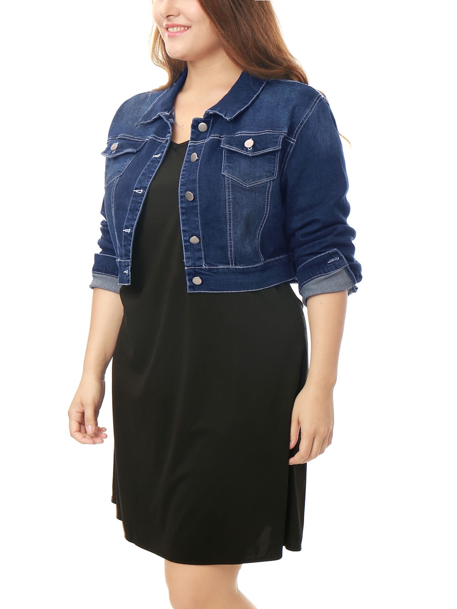 DARING DIVA Women's Plus Button Closed Cropped Denim Jacket 6X Dark Blue