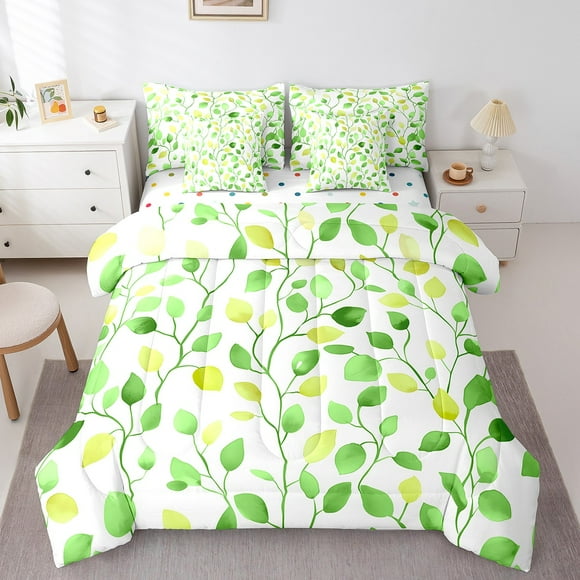 Watercolor Floral King Comforter Set 7pcs Green Yellow Abstract Leaves Bedding Comforter Sets, Chic Flower Bed in a Bag for Girls Tropical Plant Bedding Set, Mid Century Aesthetic Bed Sheets Set
