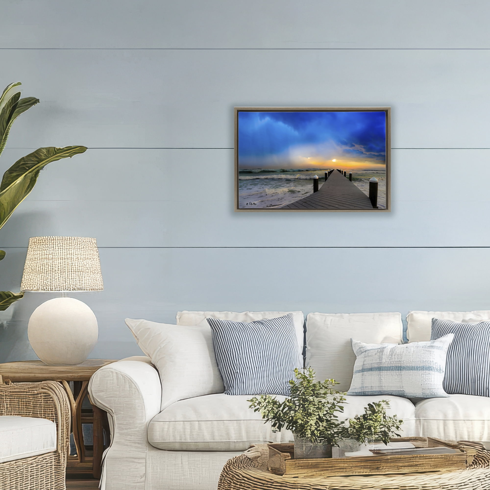 Stupell Industries Sun Breaking Over Sea Pier Brown Framed Floater Canvas Wall Art, design by Eszra Tanner