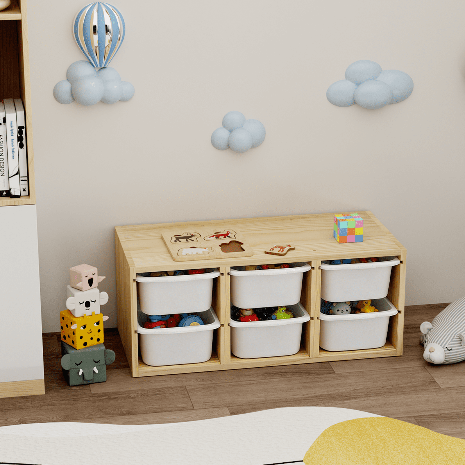HAIDAIYA Wood kids toy storage organizer with 6 Bins Wall Mounted Space-Saving Hanging Toy Box for Nursery & Playroom (Natural)