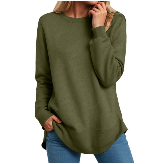 Oversized Tshirts for Women Graphic Fall Winter Loose Crew Neck Long Sleeve Dolman Drop Shoulder Curve Hem Plain Leisure Waffle Knit Pullover Top(AG,XL)