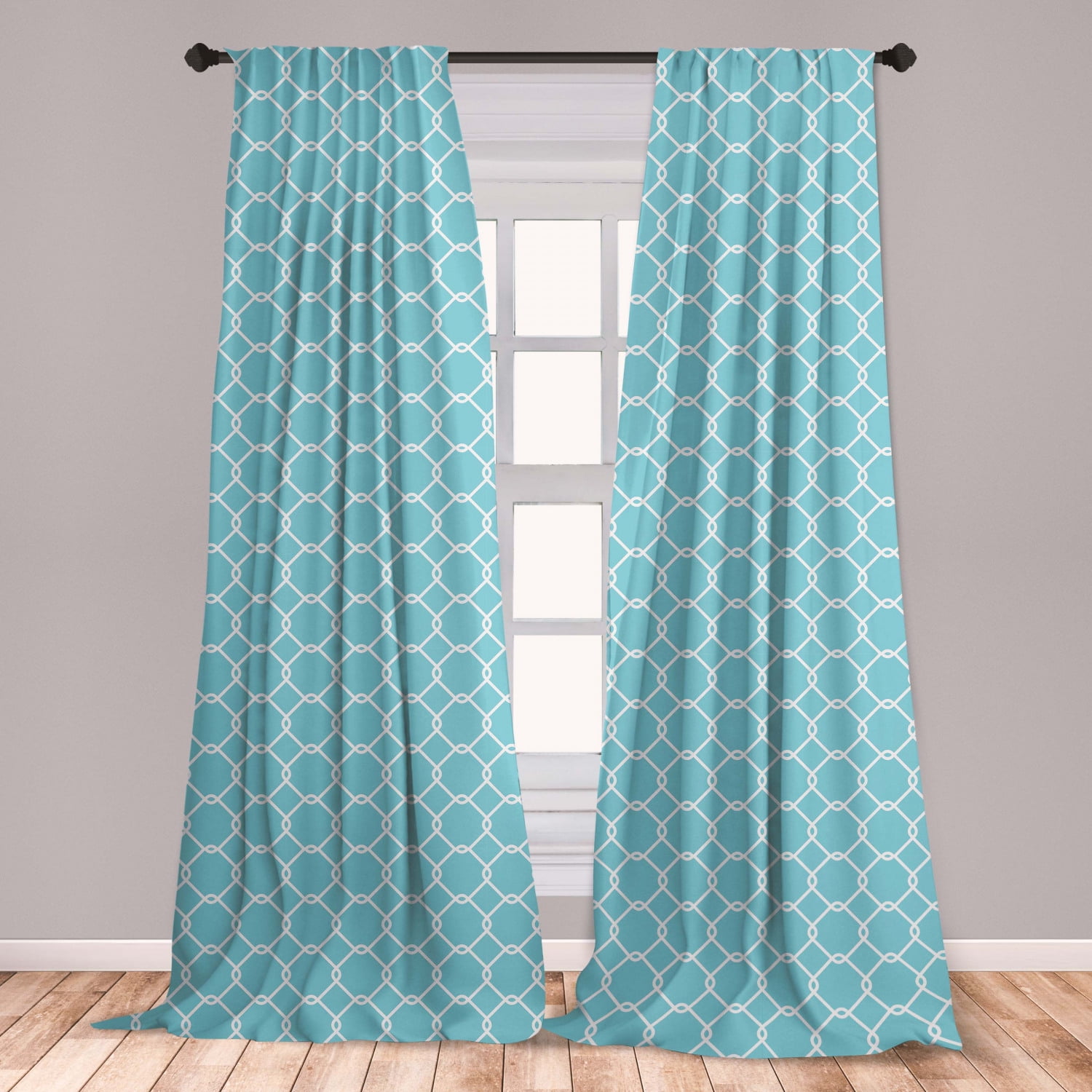 Vintage Blue Curtains 2 Panels Set, Entangled Square Shapes in a Diagonal Order Simple