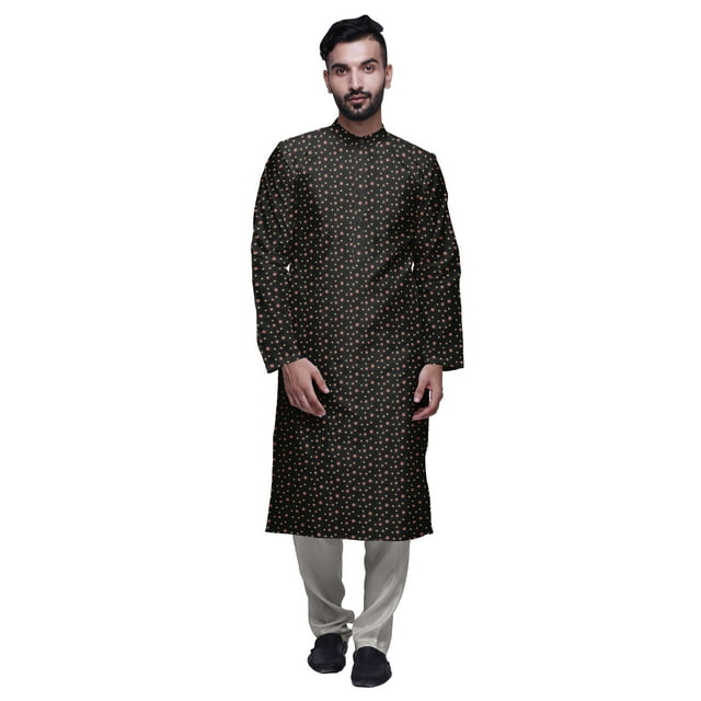 Atasi Ensemble Kurta Traditionnelle en Satin Imprimé Col Mandarin pour Hommes