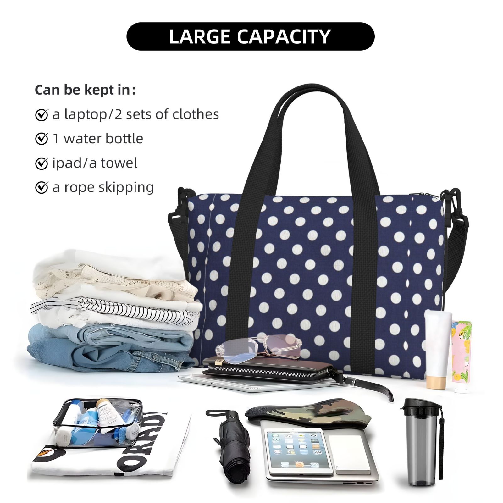 Travel Duffel Bag Polka Dot Navy Pattern Sports Tote Gym Carry On Bag Overnight Crossbody Bag For Women Men