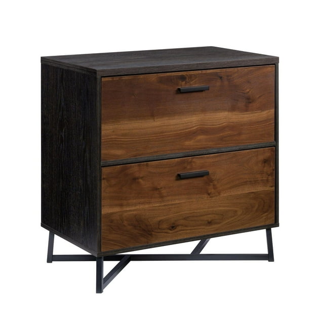 Sauder Canton Lane lateral file cabinet featuring two spacious drawers in a warm brew oak finish with sleek black handles and modern black metal cross-legged base.