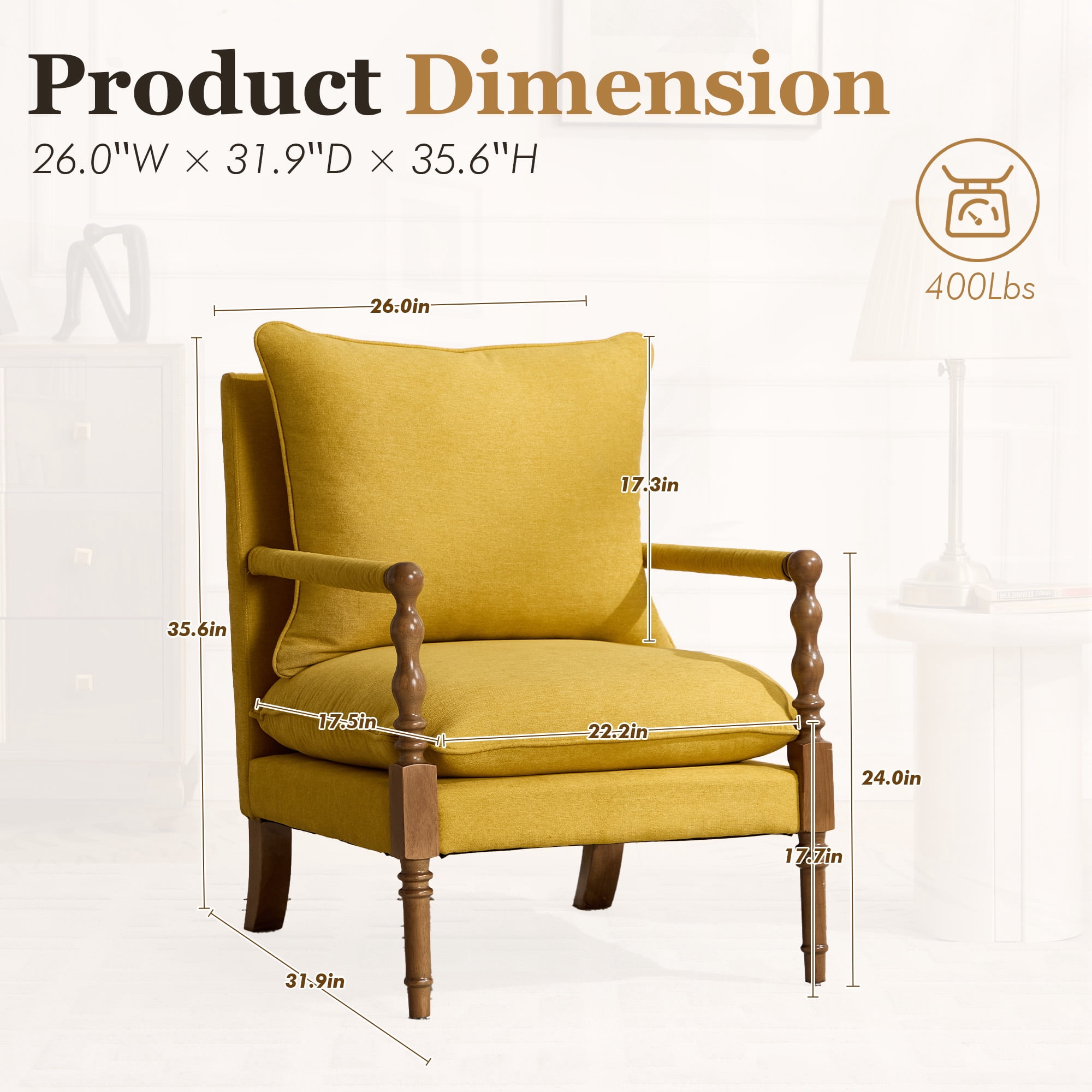 MOONMISS Vintage Spindle Accent Chair,Similar to Harper Style,Mid Century Chenille Upholstered Armchair,Yellow