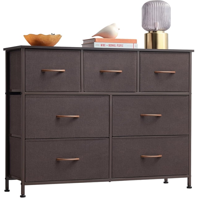 Commode pour Chambre avec 7 Tiroirs, Grand Commode avec Dessus en Bois, Grande Commode en Tissu avec Tiroirs de Rangement pour Salon, Garde-Robe, Entrée, Brun Café