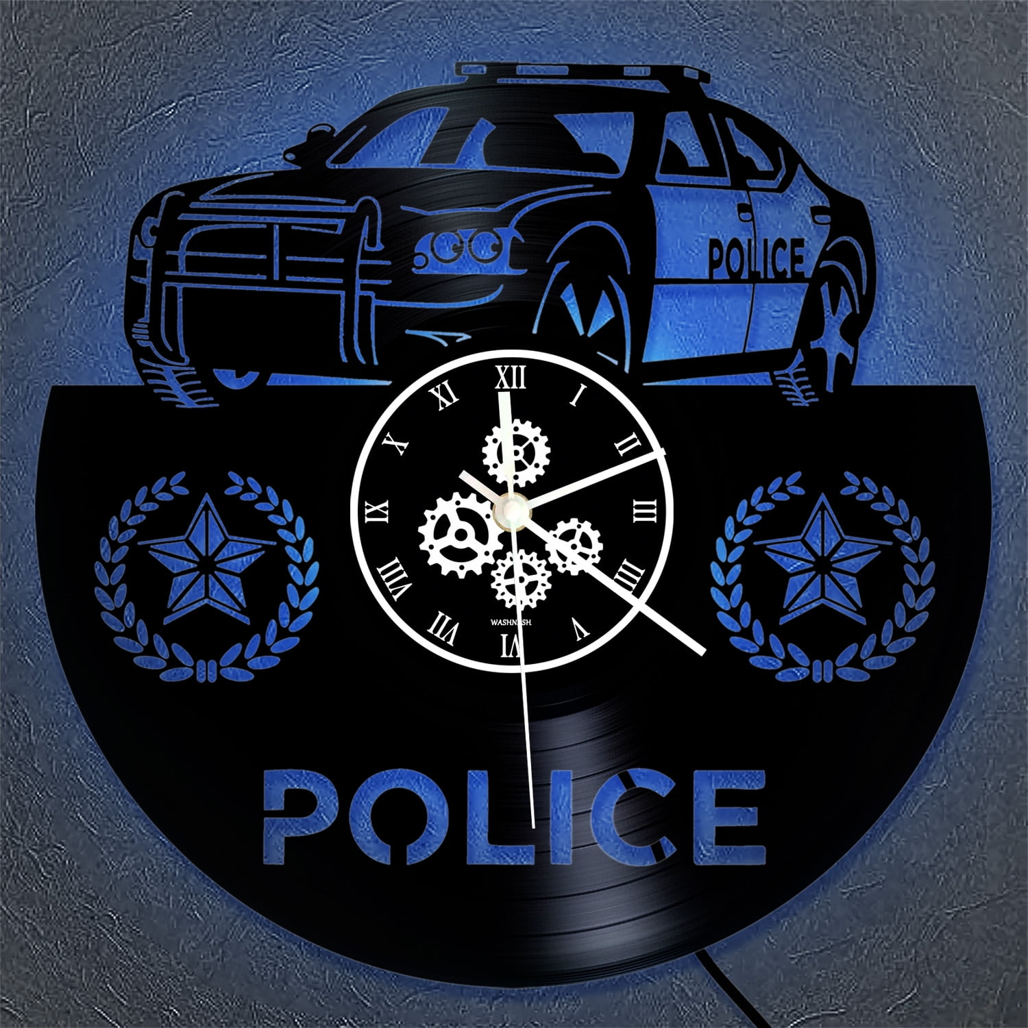 12 Police Car Wall Clock LED for Police Officer Policeman Gift Police Badge Vinyl Record Wall Clock, Night Light, Silent, For Police Department Police Station Police Office Retirement Gift