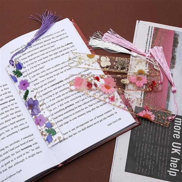 Lot De 2 Marque-Pages Résine Fleurs Séchées Avec Pompons - Accessoire Lecture Élégant
