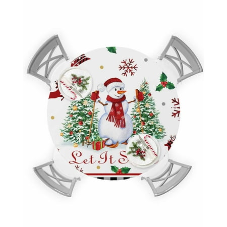 

Round Tablecloth with Elastic Christmas Snowman Xmas Tree Elk Snowflake Black Plaid Waterproof Table Cover Wipeable Fitted Table Cloths for 45 -54 Round Tables Dining Kitchen Indoor Outdoor Use