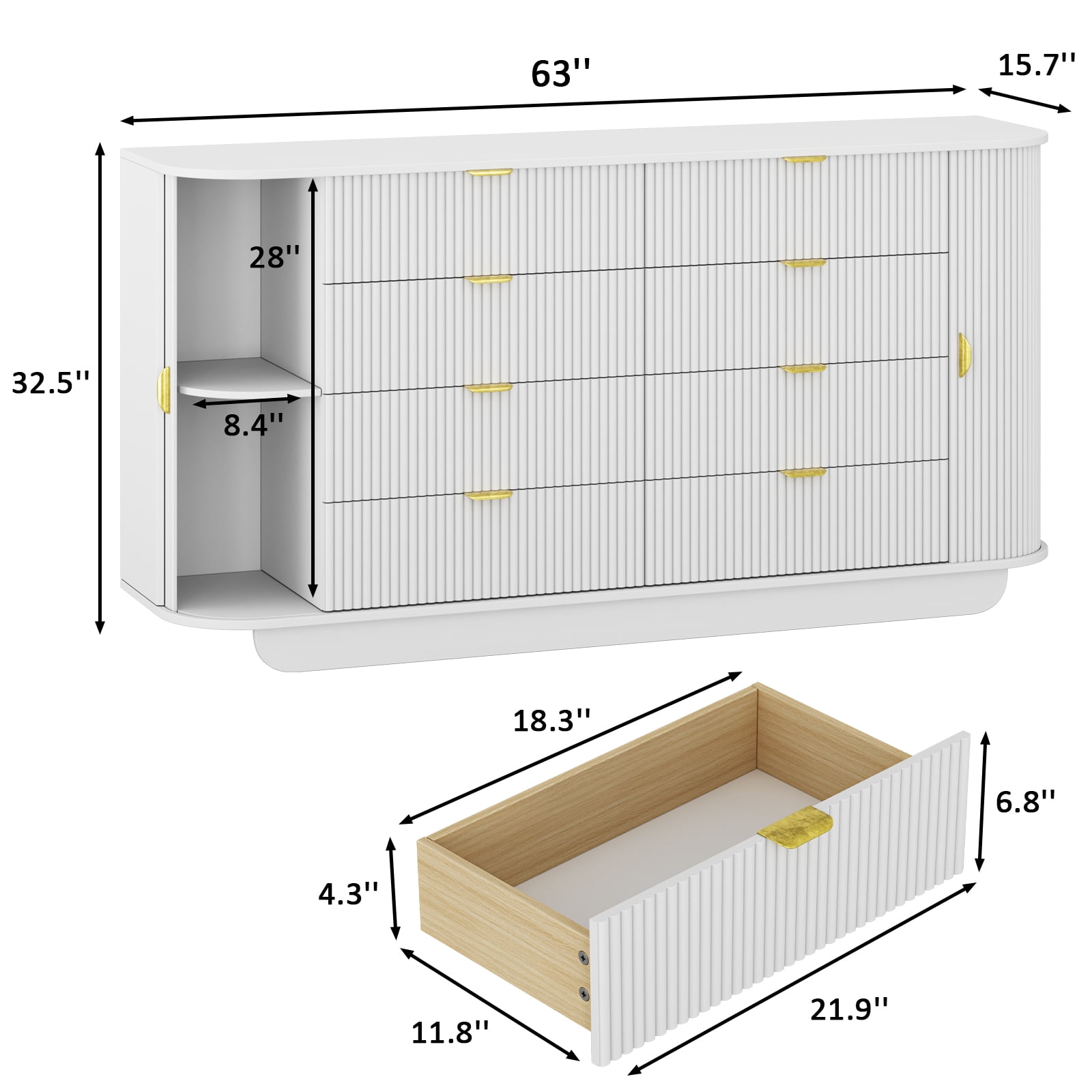 63'' Wide FOUHIU Fluted 8-Drawer Dresser – Modern Wooden Storage for Bedroom, Living Room, Hallway