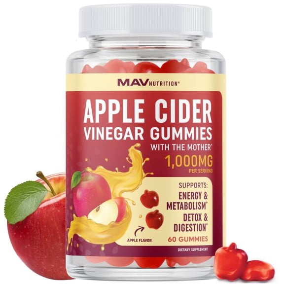 MAV Nutrition Apple Cider Vinegar Gummies with The Mother, Apple Cider Vinegar Dietary Supplement, Vegan, Non-GMO, Gluten-Free, 1000mg, 60 Ct