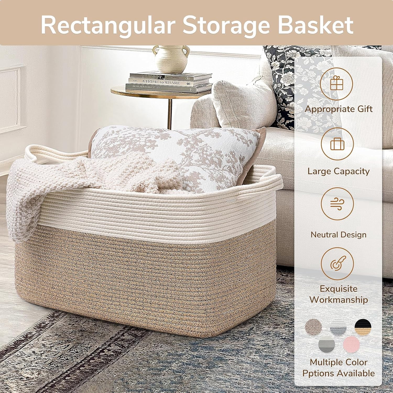 Large Rectangular Woven Cotton Rope Basket 21.6×14.9×11.8 in White Brown Storage Bin for Blankets Toys Bedroom Living Room