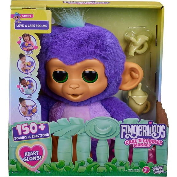 Fingerlings Care n Cuddles Interactive Baby Monkey, Sunny Purple, 150 Sounds and Reactions, Heart Lights Up, Toy for Ages 3