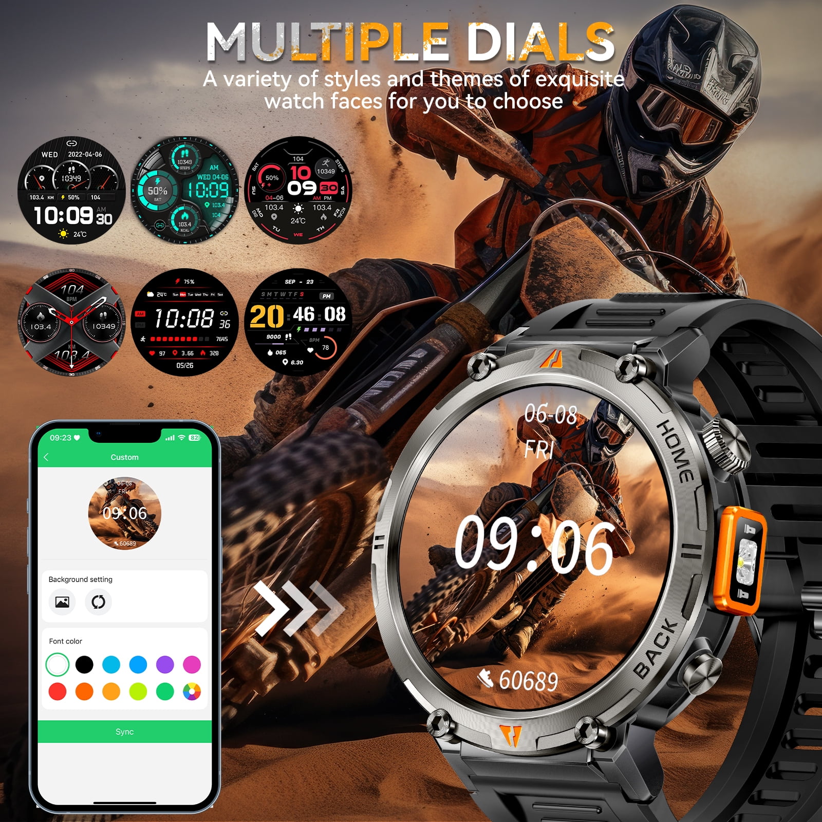 EIGIIS KE3Pro Smart Watch with Flashlight for Men, 3ATM Waterproof Watch with GPS, 530mAh Outdoor Sports Watch Compatible with Android iOS, 1pc