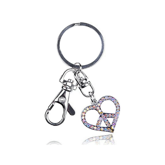 Cute Heart Aurora Borealis Crystal Rhinestone Peace Symbol Clip Loop Keychain