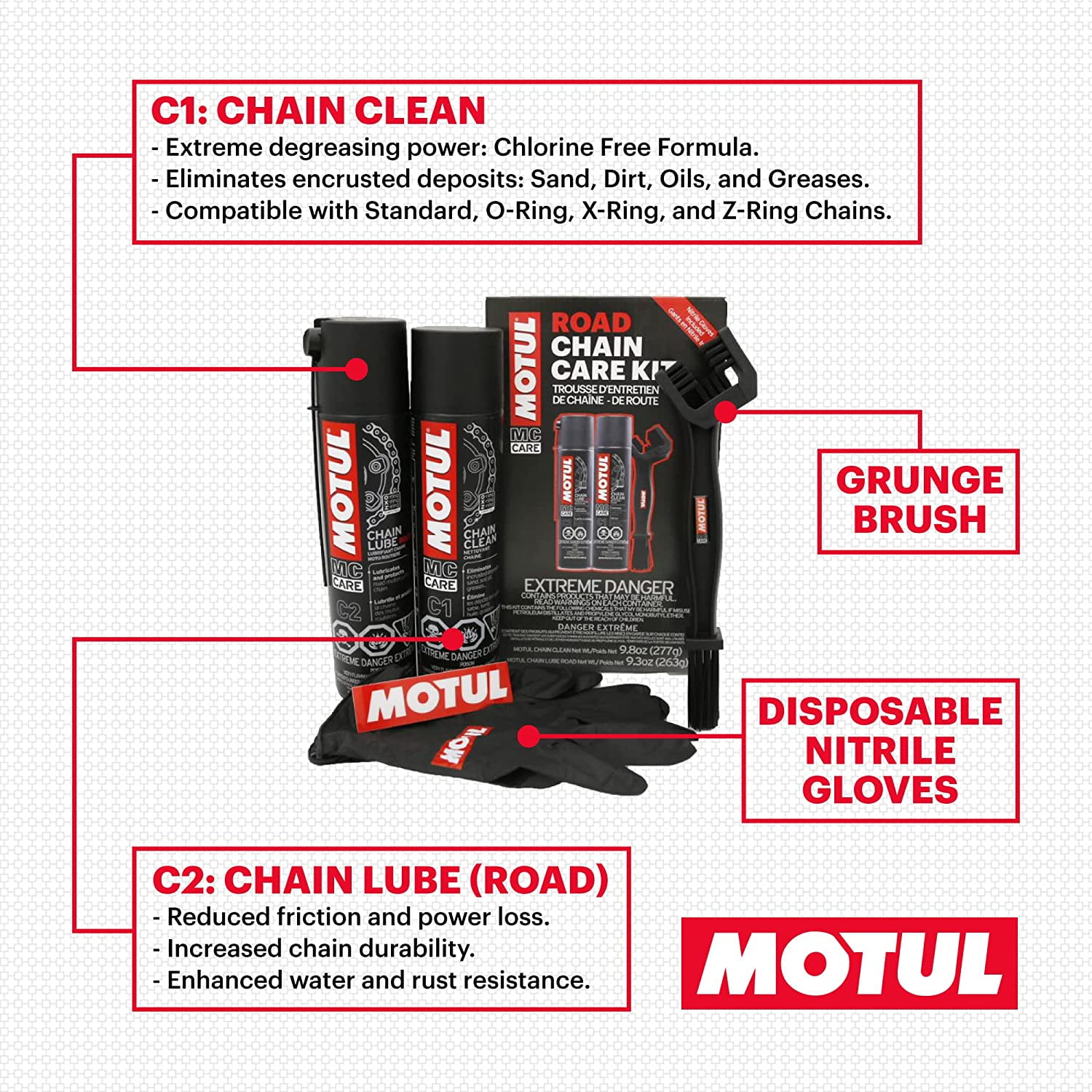 Motul C1 Chain Cleaner and C2 Motorcycle Chain Lube Kit with Brush, Gloves, and Sticker, Complete Road Motorcycle Maintenance Kit for Street Bikes and Karts