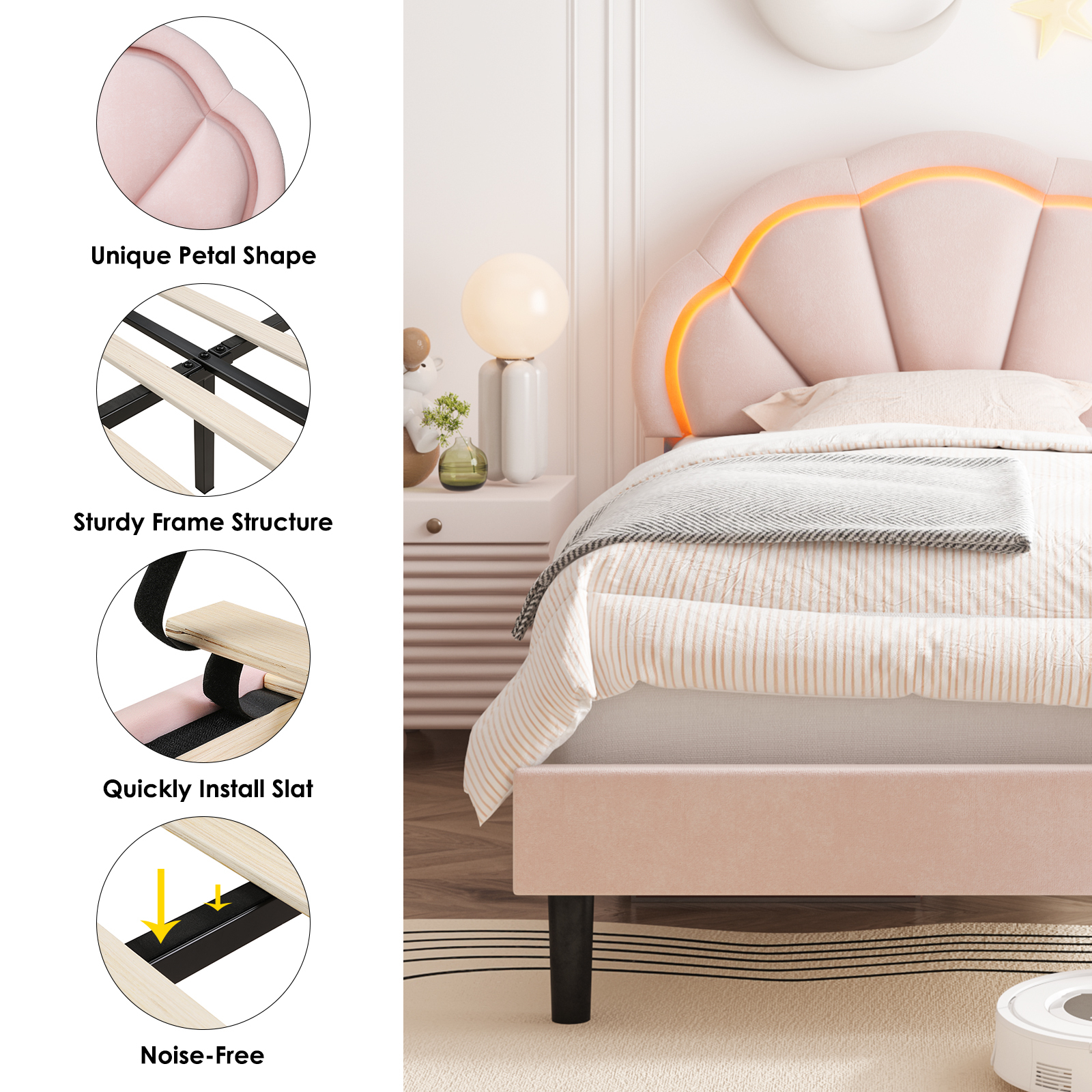 Homfa LED Bed Frame, Twin Size Velvet Upholstered Platform Bed with Adjustable Headboard, Lights Seashell Bed, Pink