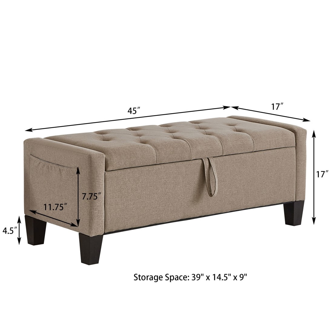 GZXS 45 Inch Upholstered Storage Bench in Linen, Tufted Ottoman Seat with Side Pocket for Bedroom, Entryway, Small Apartments