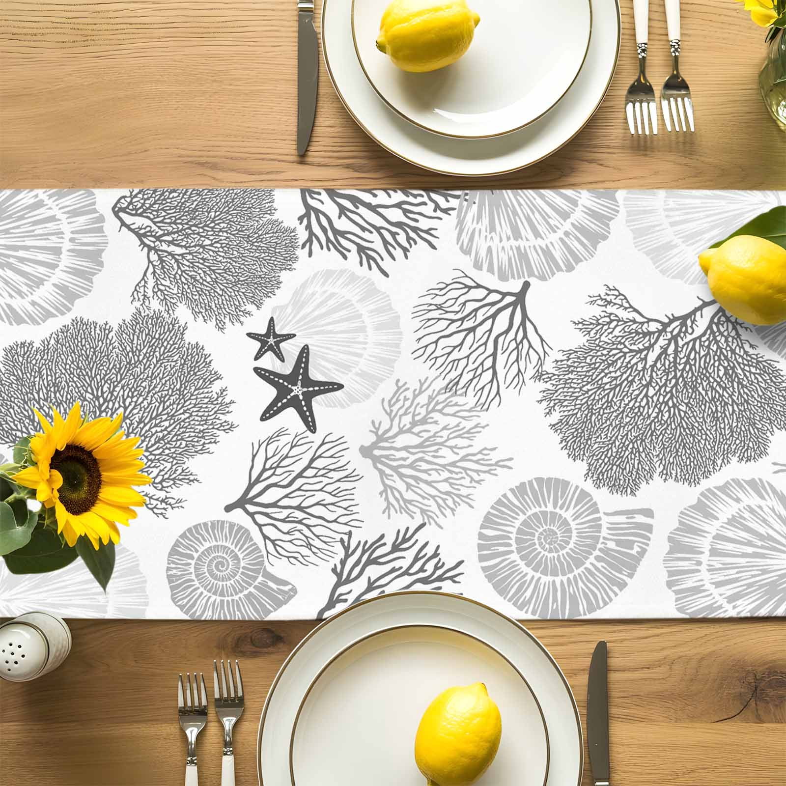 Classic Sea Grey Coral Table Runner 90 Inches Long, Abstract Marine Life Scenery Table Runners Tabletop Scarf Kitchen Dining Tables Decoration for Home Party Indoor Outdoor